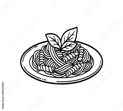 Detailed illustration of a plate of spaghetti with leafy garnish minimalist black and white style