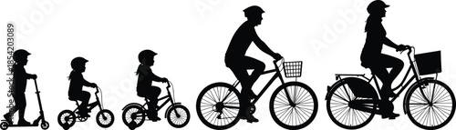 Cycling family silhouettes from childhood to adulthood, learning to ride bicycle progression, healthy lifestyle transportation concept, black vector illustration