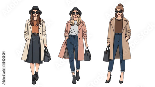 Fashionable women in trendy coats and hats, stylish winter outfits for cold weather