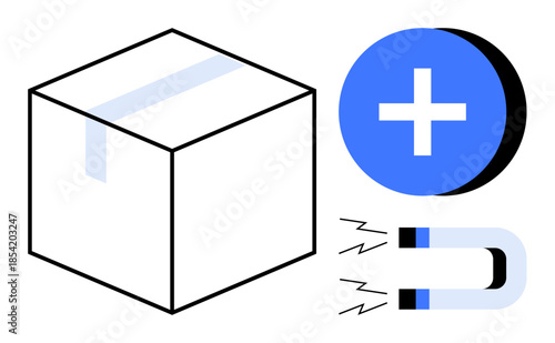 Physics concept. Geometric symbols including a box, a plus sign, and a magnet highlight attraction and magnetic forces. Physics shapes for education, science communication, tutorials, technology