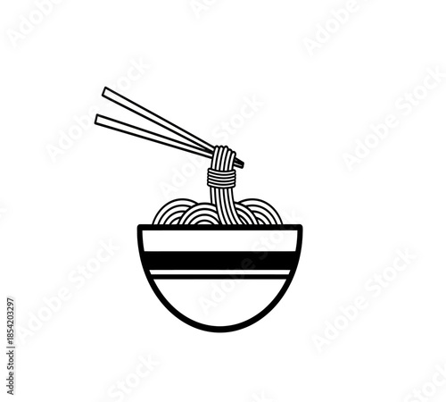 Simple black and white illustration of a bowl of noodles with chopsticks
