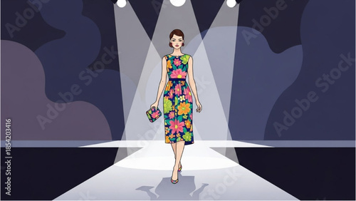 Fashion show runway model showcasing floral dress and matching handbag under spotlights