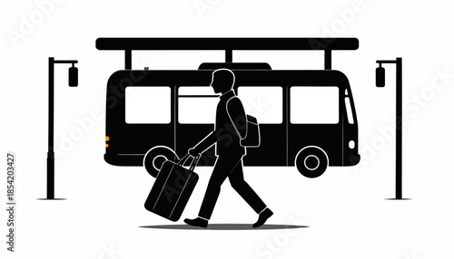 Silhouette illustration of a passenger boarding a bus with luggage at a bus stop.