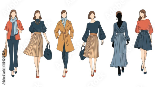 Set of female fashion illustrations showcasing different outfits and styles