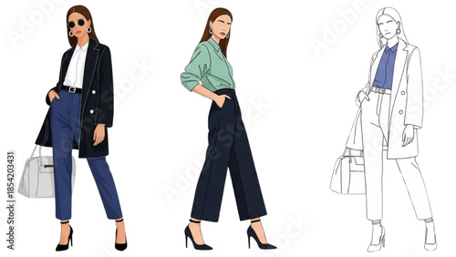 Fashion illustration of a stylish woman in elegant business attire