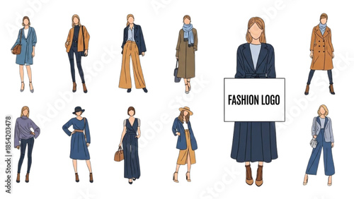 Diverse group of fashion models showcasing stylish outfits on a white background