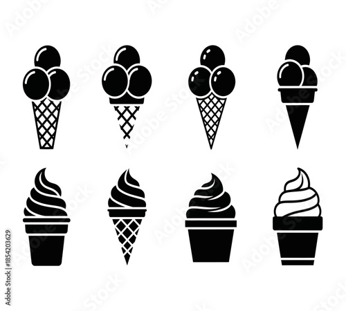 Black and white illustration of various ice cream cones and soft serve desserts