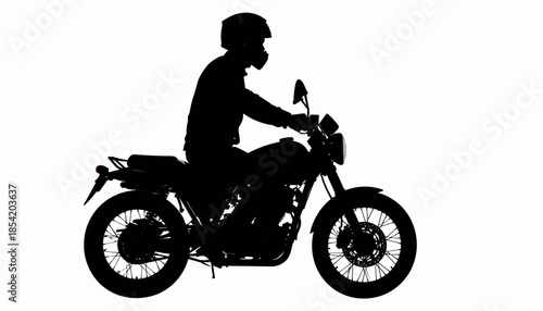 Silhouette of a motorcyclist riding a motorcycle on a white background.