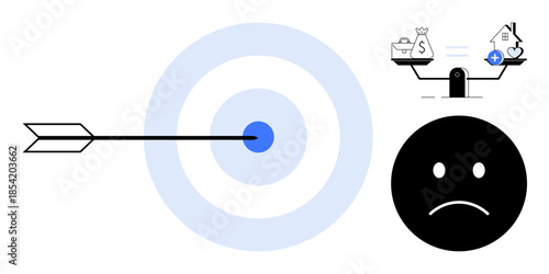 Financial decision-making. Visual elements of target accuracy and balance scales show financial decision-making challenges. Financial choice impacts money, health, and emotions. For finance