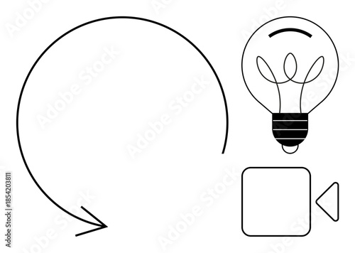 Creativity, innovation, video communication, workflow, idea generation, multimedia. Black and white icons of a light bulb, an arrow and a video camera. Creativity and video communication concept