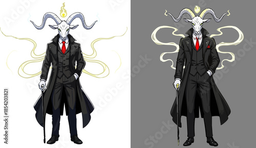 Mysterious dapper goat skull figure in a dark suit with glowing horns design