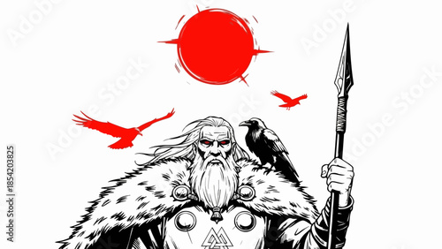 Ancient Norse god Odin stands majestically holding his powerful spear Gungnir accompanied by his iconic raven companions Huginn and Muninn beneath a stylized blood-red sun symbolizing wisdom and war.