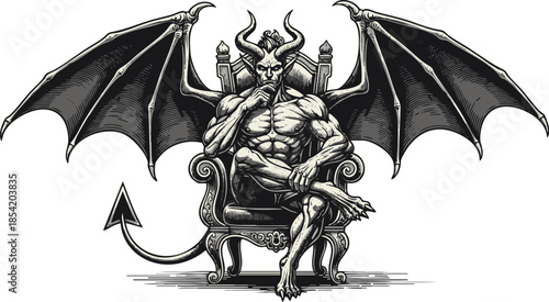 Muscular horned demon with large bat wings seated confidently upon an ornate throne
