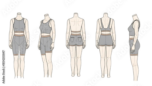 Conceptual technical drawings for women's activewear fashion flats showing sports bras and various shorts