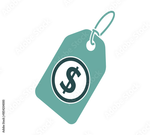 A teal price tag with a dollar sign symbol inside a white circle design