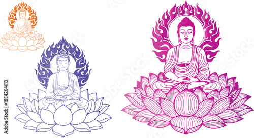 Collection of stylized digital Buddha figures meditating upon lotus flowers