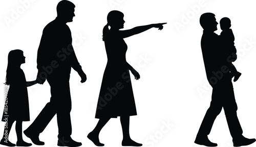 Family silhouettes walking together with parents and children, parenting guidance and care concept, happy family life, black vector illustration