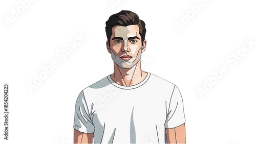 A man wearing a white t-shirt standing against a white background with a subtle shadow cast on his chest