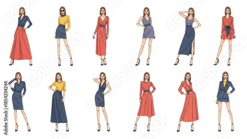 Fashion illustrations of women in various dresses and poses on a white background