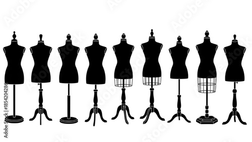 Various black dress forms displayed on stands against a white background