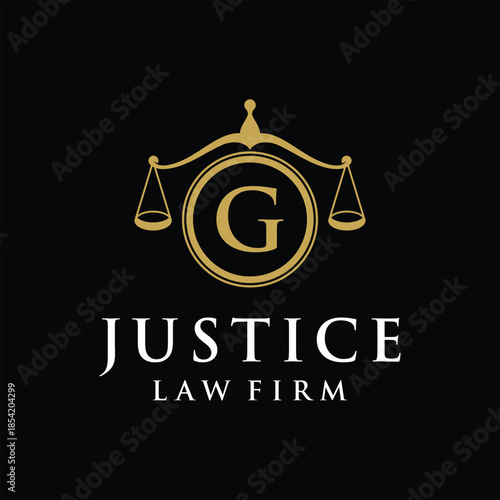 Initial letter G justice law firm logo design, attorney scale of justice legal graphic icon vector template