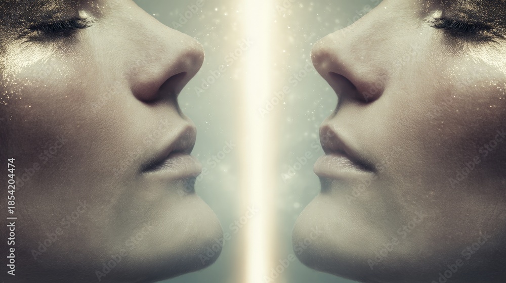 Obraz premium A woman's face is reflected in a mirror, with her eyes closed and a serene expression