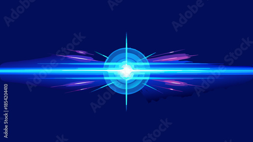 Abstract blue and purple glowing lens flare effect with light streaks on a dark background
