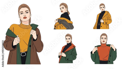 Young woman demonstrating various ways to wear a scarf in different colors against a plain white background