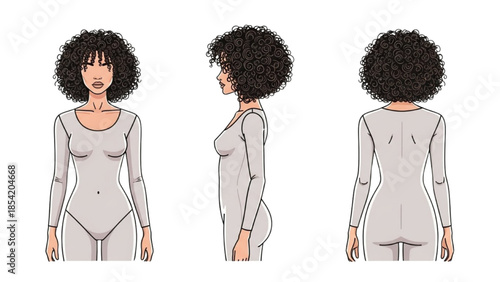A woman with curly hair is depicted in a gray unitard from multiple viewpoints
