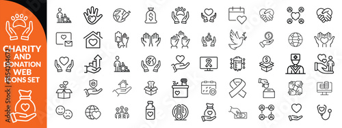 Charity and Donation set of web icons in line style. Volunteering and donation icons for web and mobile app. Help, caring, solidarity, alms, donate, volunteer, care, charity and more. Editable stroke 