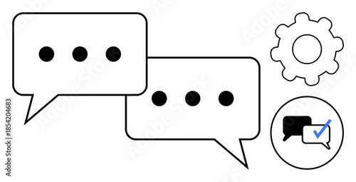 Overlapping speech bubbles with ellipses, a settings gear, and a check mark icon. Ideal for messaging, feedback, collaboration, settings, approval, communication and online chat simple flat metaphor