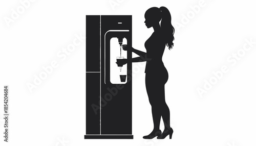 Silhouette of a woman using a water dispenser in an office setting.
