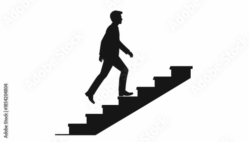 Silhouette of a man walking up the stairs on white background.
