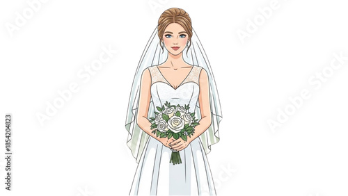 Illustration of a smiling bride in a white wedding dress holding a bouquet of flowers