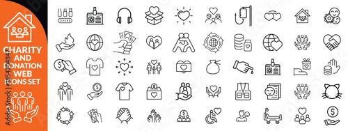 Charity and Donation set of web icons in line style. Volunteering and donation icons for web and mobile app. Help, caring, solidarity, alms, donate, volunteer, care, charity and more. Editable stroke 