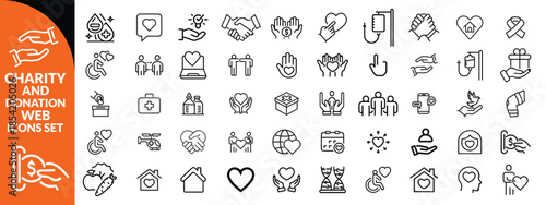 Charity and Donation set of web icons in line style. Volunteering and donation icons for web and mobile app. Help, caring, solidarity, alms, donate, volunteer, care, charity and more. Editable stroke 