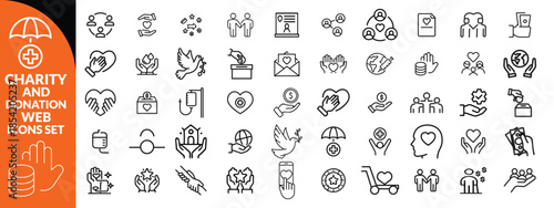 Charity and Donation set of web icons in line style. Volunteering and donation icons for web and mobile app. Help, caring, solidarity, alms, donate, volunteer, care, charity and more. Editable stroke 