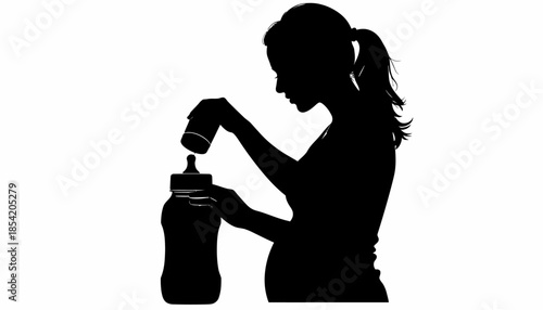 Silhouette of a pregnant woman preparing a baby bottle with formula.