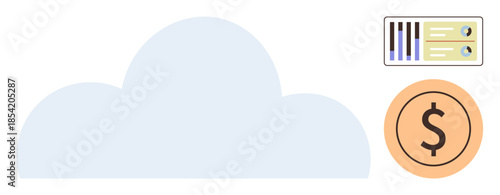 Large cloud, bar chart data card, and dollar coin icon representing cloud services, cost analysis, data storage. Ideal for cloud technology, finance, analytics, budgeting service pricing technology