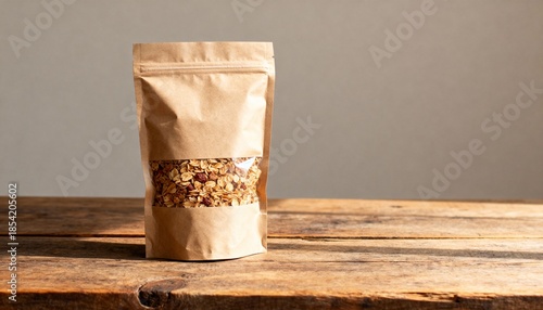 Brown paper pouch of granola with a clear window, displayed on a rustic wooden table with natural light and shadows, perfect for product mockups and food branding.