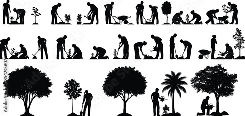 Gardening silhouettes set showing people planting watering and caring for trees, landscaping agriculture nature work concept, black vector 