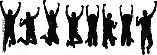 Happy people silhouettes jumping with raised arms, celebration success victory teamwork freedom joy concept, energetic group lifestyle black vector illustration