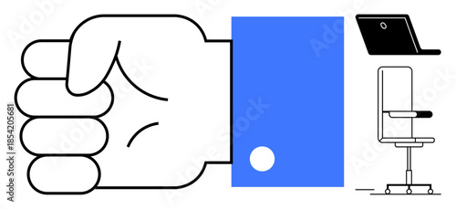 Work culture, productivity, business concepts, office ergonomics, corporate communication, digital workspace. Minimalist hand gesture, laptop and office chair. Work culture and productivity