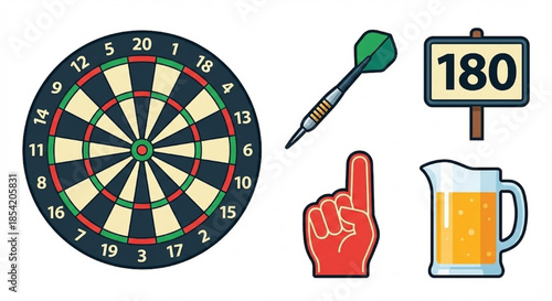 Collection of Dartboard, Darts, Scoreboard, Foam Finger, and Beer Mug Icons
