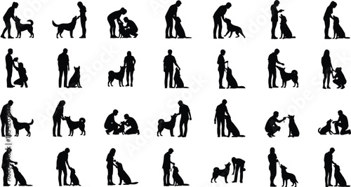 People and dogs silhouettes set showing training walking playing and bonding moments, pet care companionship lifestyle concept black vector illustration