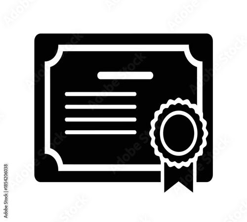 A simple black and white illustration of a certificate with a seal and lines