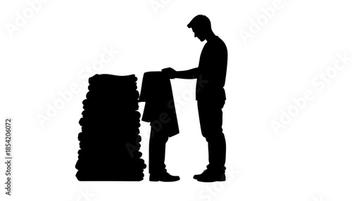 Silhouette of a man folding clothes next to a tall stack of garments.