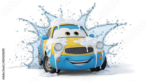 Cartoon Car Being Washed with Realistic Water Splashes on White Background