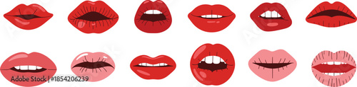 Red lips illustration set showing female mouth expressions, lipstick styles, smiles and kisses in colorful flat vector style isolated on white background