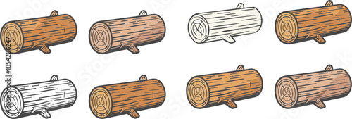 Cartoon-style wood log icon set featuring varied textures, colors, and grain patterns for forest, lumber, and nature-themed design projects.